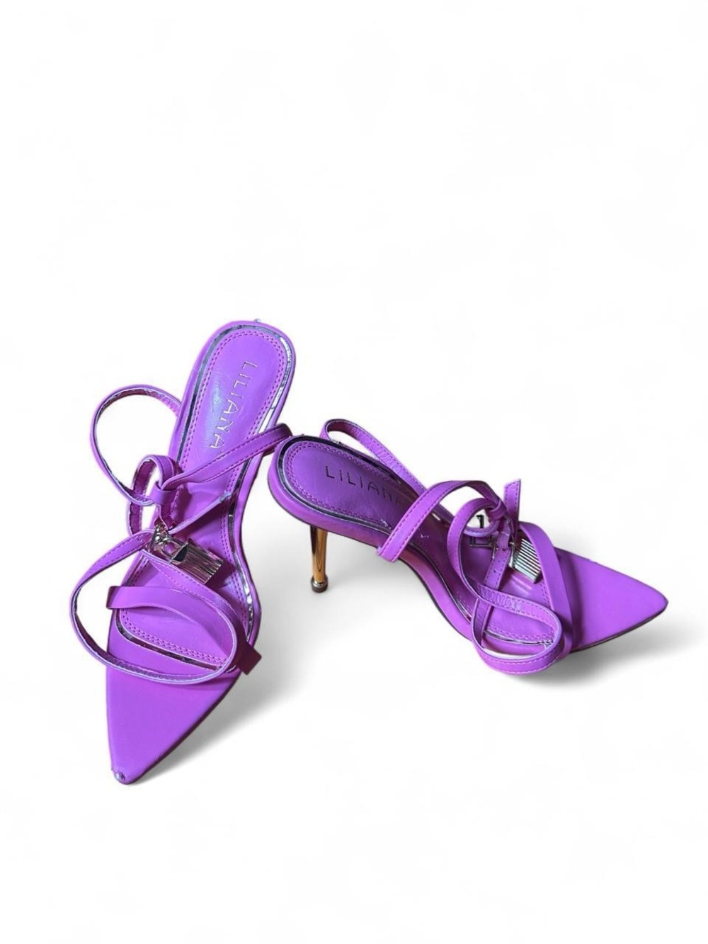 Liliana Pink Strappy Stiletto Heels Pointed Toe Gold Lock Y2K Glam Femme Fatale - Picture 2 of 8